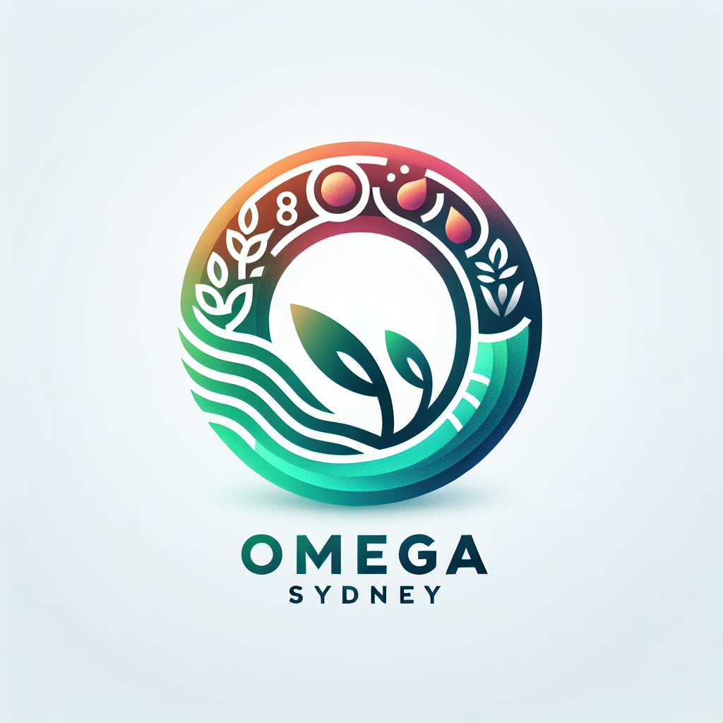 A less detailed logo for a company called Omega Sydney focused on innovation and sustainability, capturing the essence of forward-thinking and eco-friendly values in raw materials for food and cosmetic industries [incorporating organic elements].